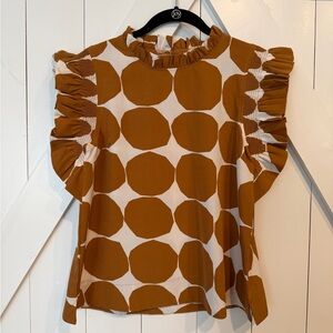 JODIFL Ruffled Sleeve Top - Brown and White